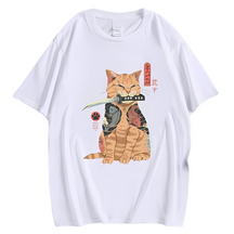 Camiseta de Gatinho Katana na Boca Estilo Japonês