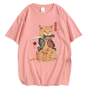 Camiseta de Gatinho Katana na Boca Estilo Japonês