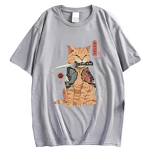 Camiseta de Gatinho Katana na Boca Estilo Japonês