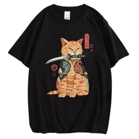 Camiseta de Gatinho Katana na Boca Estilo Japonês